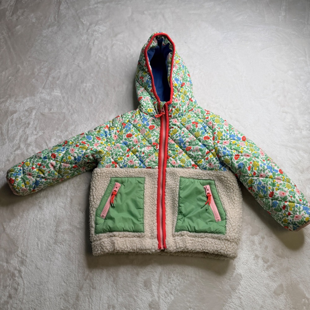 Mini Boden Puffer Jacket Kids 3-4Y Floral Sherpa Mixed Media Cottagecore Whimsy